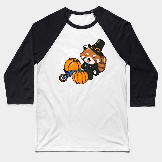 Cute Red Panda Harvesting Pumpkins Baseball T-Shirt by Luna Illustration